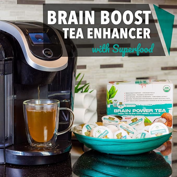 SOLLO Brain Power Organic Green Tea Pods with MCT Acai &amp Essential nutrition Nootropic Brain Booster- Improves Memory &amp Focus Compatible with 2.0 K-Cup Keurig Brewers 24 Ct