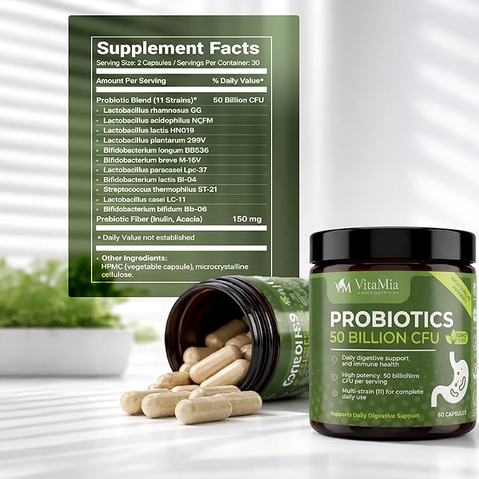 VitaMia Probiotics 50 Billion CFU Probiotic + Prebiotic Fiber Capsules 60 Count 11 Strain Formula – Daily Digestive Balance Gut &amp Immune Wellness for Men &amp Women – Vegan &amp Gluten Free