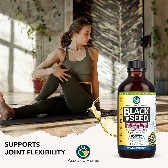 Amazing Herbs Premium Black Seed Oil - Gluten Free Non GMO Cold Pressed Nigella Sativa Aids in Digestive Health Immune Support Brain Function - 4 Fl Oz