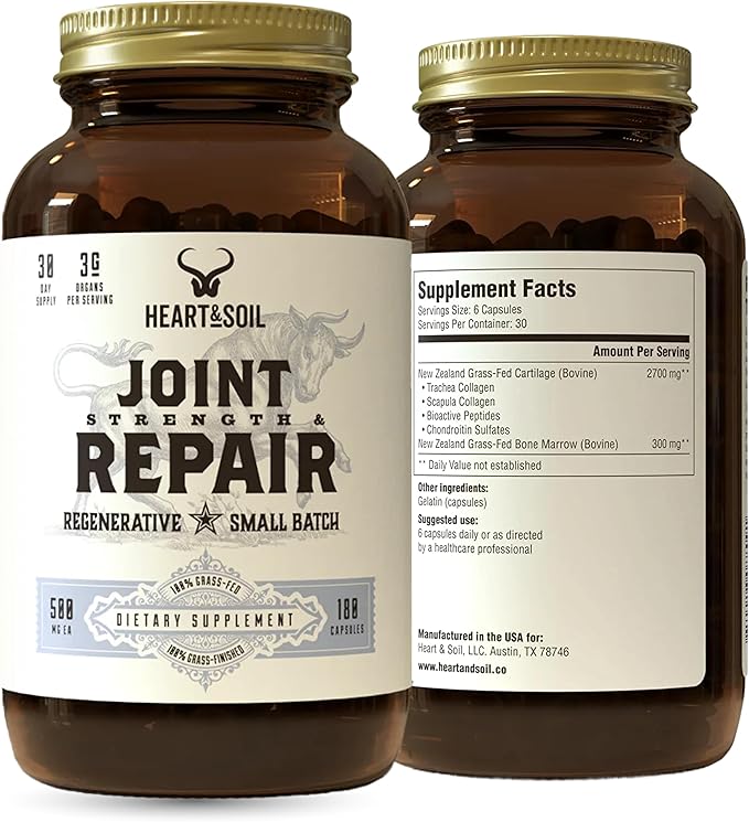 Heart &amp Soil 100% Grass Fed &amp Finished Joint Support Supplement from Regenerative Cattle with Trachea Scapula &amp Bone Marrow – Supports Joint Strength &amp Mobility – 3000mg – Glass Bottl