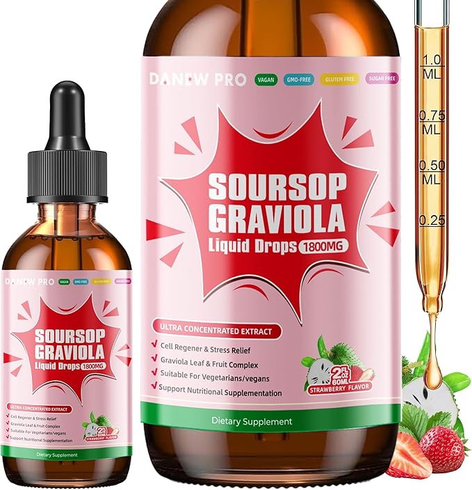 Soursop Graviola Leaf Extract Liquid Drop for Cell Support &amp Regeneration Immune Boost Relax Liver and Sleep Soursop Bitters Liquid Herbal Goodness Sugar/Gluten Free Strawberry Flavor 2 Fl