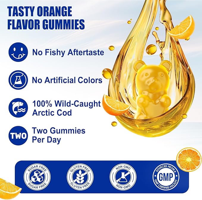 Cod Liver Oil 1000mg Gummies for Adults &amp Kids with Vitamin A &amp D3 - Omega 3 Fish Oil Supplement - DHA 360mg &amp EPA 240mg for Brain Bone Eye &amp Immune Health Sugar Free 120 Count