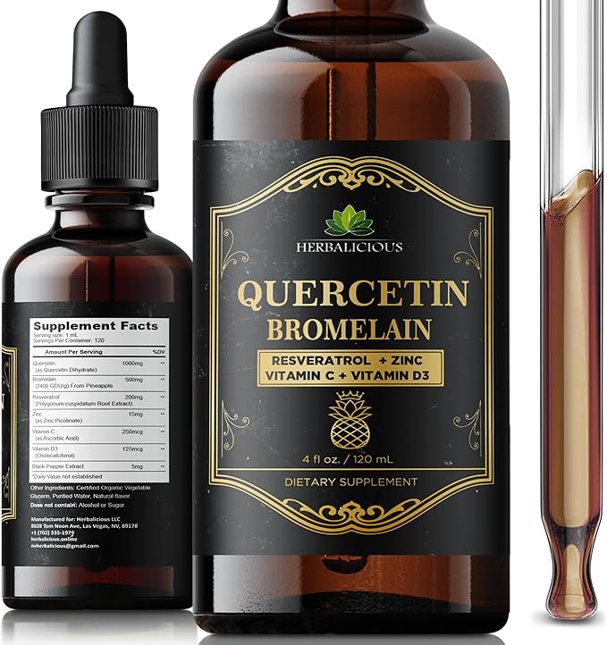 HERBALICIOUS Quercetin Bromelain Liquid with Resveratrol Zinc Vitamin C &amp D3 – Immune Support Drops – 4 fl oz (120 mL) – Fast Absorption – Non-GMO Dietary Supplement