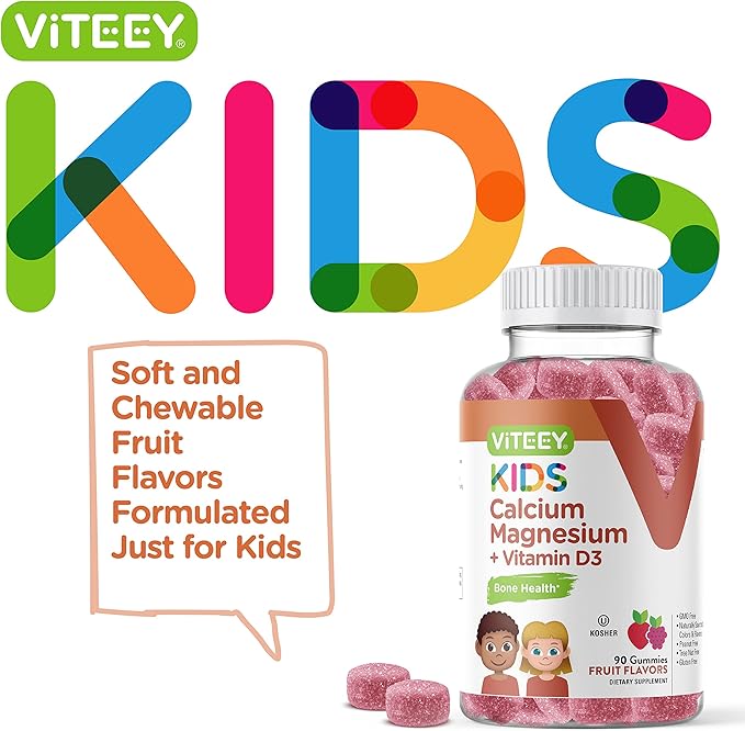 Viteey Kids Calcium Gummies + Vitamin D3 &amp Magnesium Citrate for Kids and Teens - Supports Bone Health Immune Support Energy &amp Muscle Function - Gluten FreeGMO Free - Tasty Chewable Fruit F