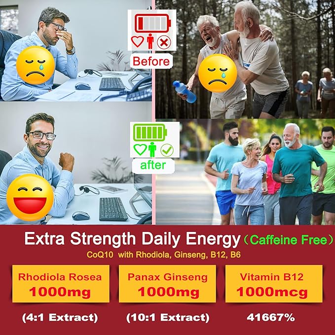 Sugar Free CoQ10 Gummies 200mg/400mg w/ Methyl B12 1000mcg B6 Rhodiola Rosea &amp Panax Ginseng Ultra Absorption CoQ10 Supplement for Energy Hear-t Health Antioxidant &amp Brain Support60-Day