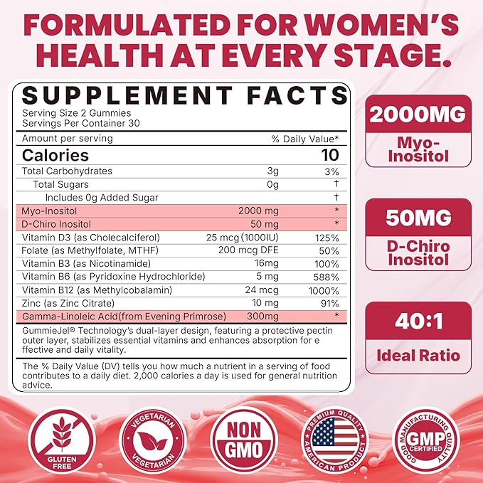 Nextdia Inositol Gummies Supplement with Evening Primrose Oil for Women - 40:1 Ratio Myo-Inositol 2000mg &amp D-Chiro Inositol 50mg with VIT D3 B12 &amp Zinc Sugar-Free for Natural Balance Vegan (