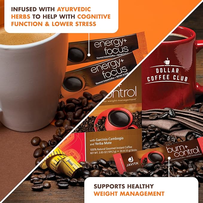Burn + Control/Energy + Focus Coffee Bundle One box ea. Javita Premium South American Coffee blend with herbs for Weight Management Focus and Clarity 24 ct box Great for travel