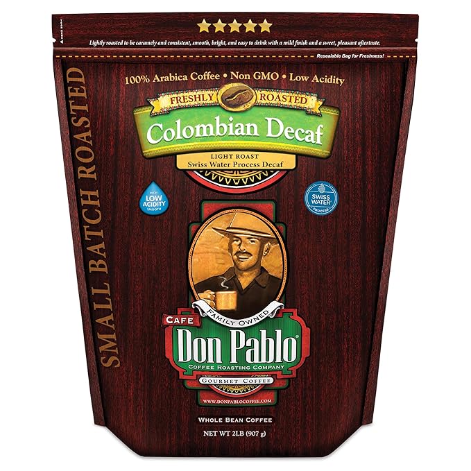 Don Pablo Colombian Decaf - Swiss Water Process Decaffeinated - Light Roast Gourmet Coffee - 100% Arabica Whole Bean Non-GMO Low Acidity 907g (2LB) Bag