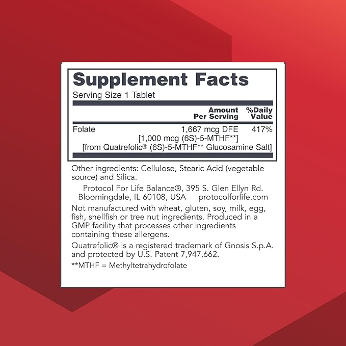 PROTOCOL FOR LIFE BALANCE 5-Methylfolate 1000mcg - Superior Methyl Folate Bioavailability - for Brain Support - Folate Supplement for Women &amp Men - Kosher &amp Vegan - 90 Tabs