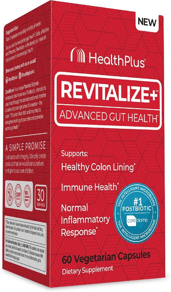 Health Plus Revitalize+ CoreBiome Butyrate Postbiotic for Complete Digestive Health Leaky Gut &amp Colon | Gut Health Supplement for Men &amp Women | 60 Capsules 30 Servings