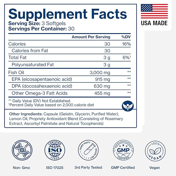Pure Micronutrients - Omega 3 Fish Oil Supplement EPA/DHA Fatty Acids Burpless Fish Oil Supplements with Lemon - Heart Eye Brain &amp Immune Support - 90 Softgels