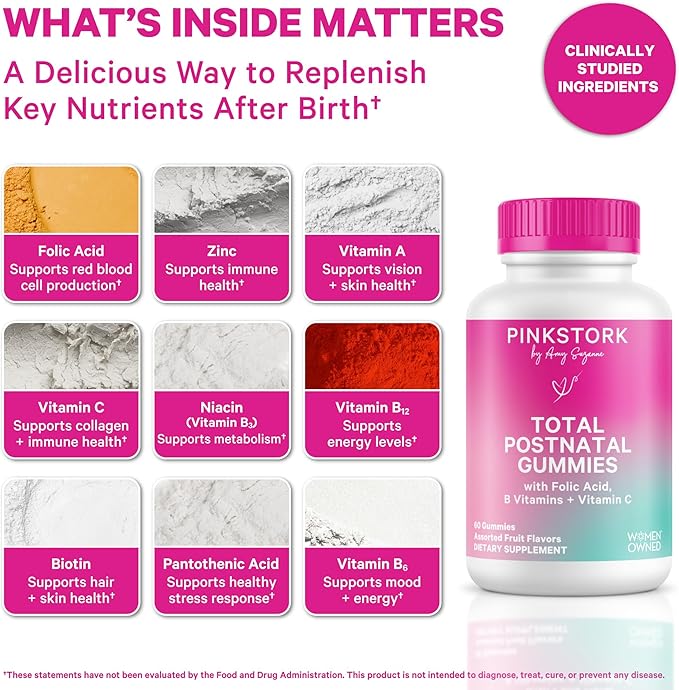 Pink Stork Total Postnatal Vitamin Gummies - Multivitamin for Postpartum Recovery and Lactation Support - Folic Acid B6 and Vitamin C - Postpartum Essentials - 60 Gummy Vitamins