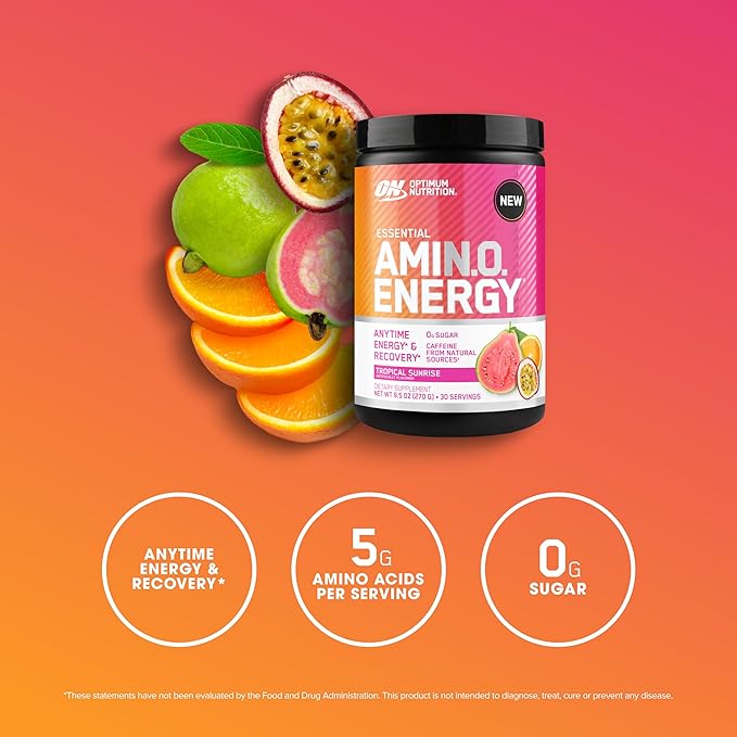 Optimum Nutrition Amino Energy - Pre Workout with Green Tea BCAA Amino Acids Keto Friendly Green Coffee Extract Energy Powder - Tropical Sunrise 9.5 Ounce 30 Servings (Packaging May Vary)