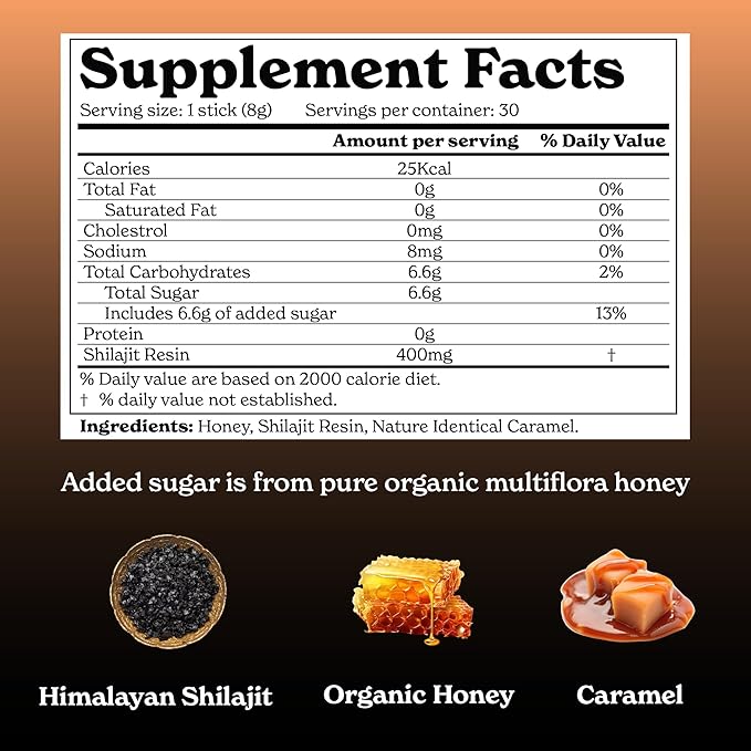 Better Alt Pure Himalayan Shilajit Caramel Honey Sticks with Organic Honey| Easy to Consume Shilajit| 30 Sticks for Energy Boost &amp Immune Support 85+ Trace Minerals 75%+ Fulvic Acid