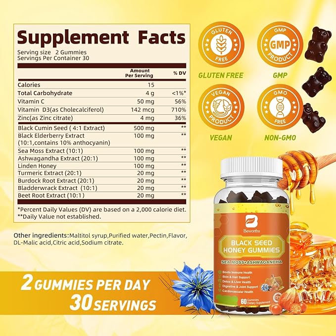 Black Seed Oil Sea Moss Gummies with Ashwagandha Burdock Root Linden Honey Elderberry Turmeric Vitamin C D3 &amp Zinc - Supports Immunity Joints Digestion Hair &amp Skin Vegan Gummies 60 C