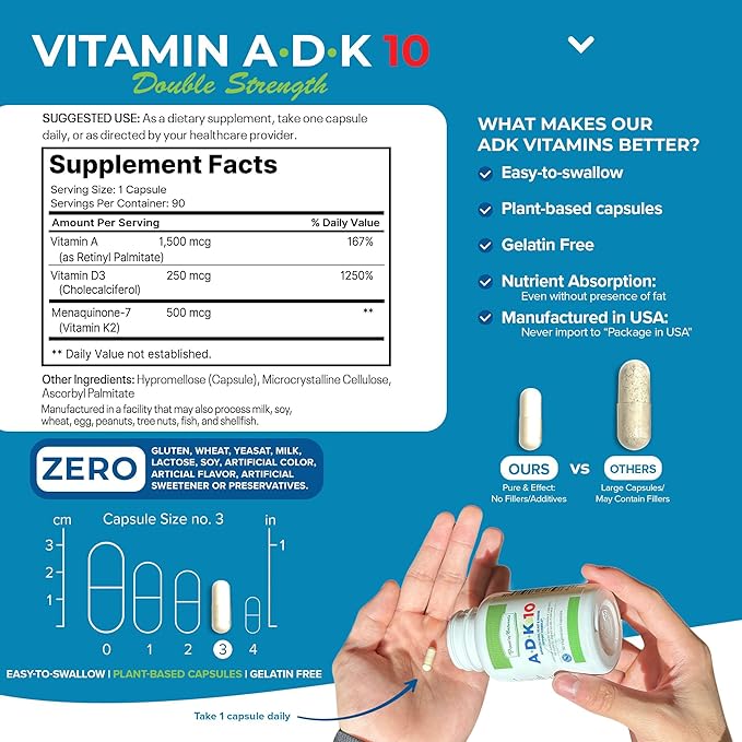 Power By Naturals ADK 10 Vitamin Supplement – Vitamins A D3 &amp K2 MK-7 for Bone Heart &amp Immune Health – Gluten-Free Soy-Free – 90 Capsules (3-Month Supply)