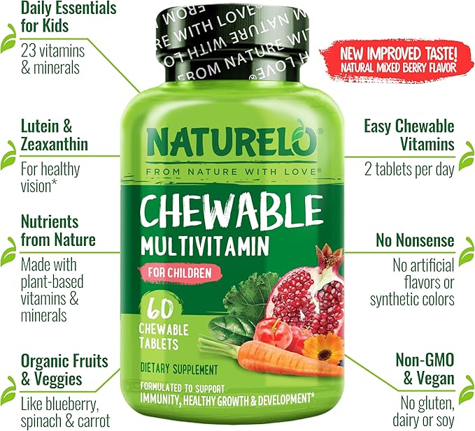 NATURELO Chewable Vitamin for Kids Multivitamin with Whole Food Organic Fruit Blend - 60 Tablets for Children