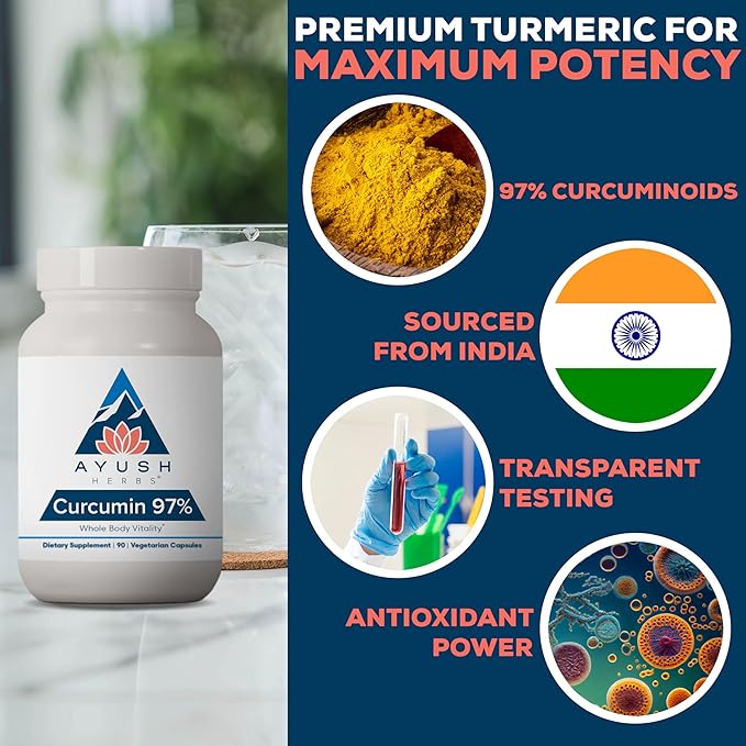 Ayush Herbs Curcumin 97% - Curcumin Supplements Premium Turmeric Root Supplement Curcuminoids for Women &amp Men Adults Premium Joint Support Strength &amp Vitality - 90 Vegetarian Capsules (1