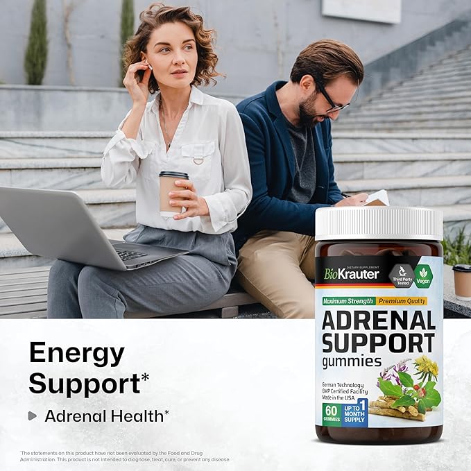 BIO KRAUTER® 8-in-1 Adrenal Support Supplements with Vitamin С B6 B12 - Natural Adrenal Complex with Magnesium Ashwagandha Rhodiola Rosea for Relax &amp Mood Support - 60 Gummies Non-GMO