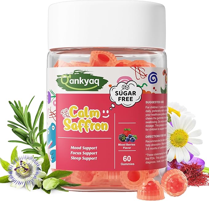 Q'ankyaq Kids Saffron Gummies Saffron Supplements for Kids (3 yrs+) Focus and Memory Gummiess Mood Balance with Rosemary Passion Flower Extract Chamomile Extract Sugar-Free Vegan 60 Counts