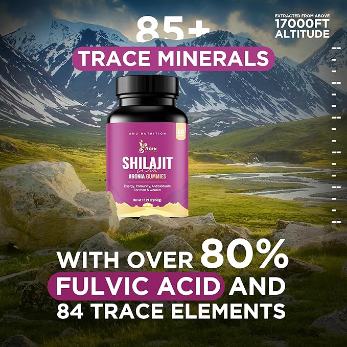 AMU NUTRITION Shilajit Gummies for Men &amp Women with Aronia Berries Fulvic Acid &amp 85+ Trace Minerals I MenWomen I Non-GMO I Lab Tested I 100% Natural I 60 Gummy (60 Count (Pack of 1) Aronia B