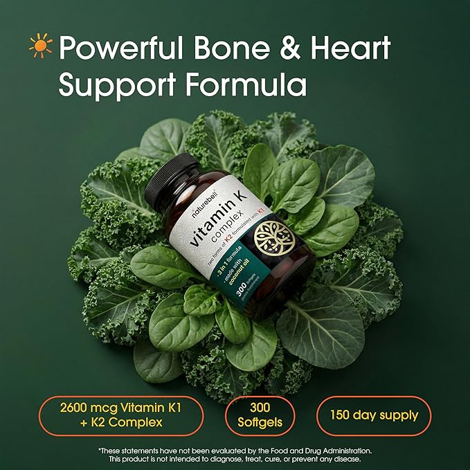NatureBell Vitamin K Complex - 300 Softgels - Delivers 2600mcg Vitamin K - Full Spectrum Bone &amp Heart Health Support Supplement - High Absorption K1 &amp K2 MK-4 &amp MK-7*