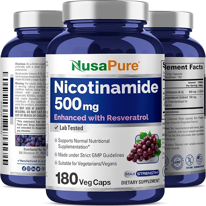 NusaPure Nicotinamide with Resveratrol (Vitamin B-3) 500 mg - 180 Vegetarian Caps (Non-GMO &amp Vegan)
