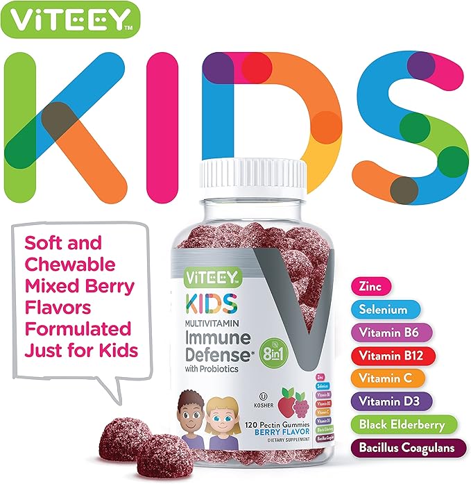 Viteey Kids Multivitamin Gummies with Probiotics - 8-1 Kids Vitamins for Immune Health Support with Vitamin C D3 B12 B6 Zinc Elderberry Selenium - Vegetarian - Chewable Tasty Berry Flavored