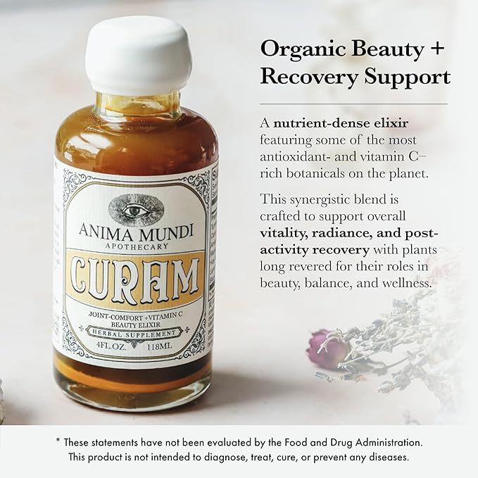 Anima Mundi Apothecary Curam Organic Beauty Elixir - Liquid Turmeric Tincture - Adaptogenic Herbal Tincture with Organic Turmeric Root Extract - Add to Tea Coffee Smoothies &amp More (4oz / 118ml)