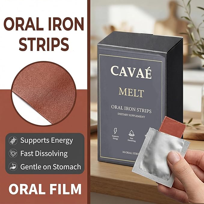 Cavae Oral Iron Strips Oral Dissolving Film 19 mg Iron Per Strip 30 Oral Iron Support for Energy Raspberry Flavor No Water Needed