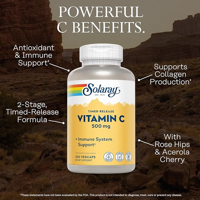 SOLARAY Vitamin C 500mg Two-Stage Timed Release - Antioxidant and Immune Support Supplement - Vitamin C with Rose HIPS and Acerola Vegan Gluten Free 60-Day Guarantee 250 Servings 250 VegCaps