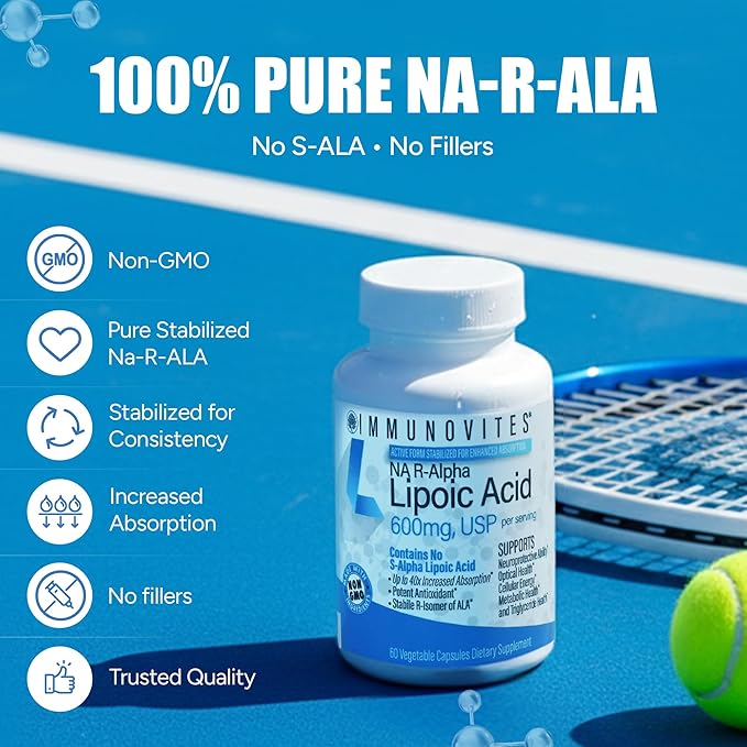 IMMUNOVITES Stabilized R-Alpha Lipoic Acid ((True)) 600mg per Serving [[High Potency &amp up to 40x Increased Absorption]] (Na R-ALA) (Na R-LA) (Na R-Lipoate) (1 Bottle)