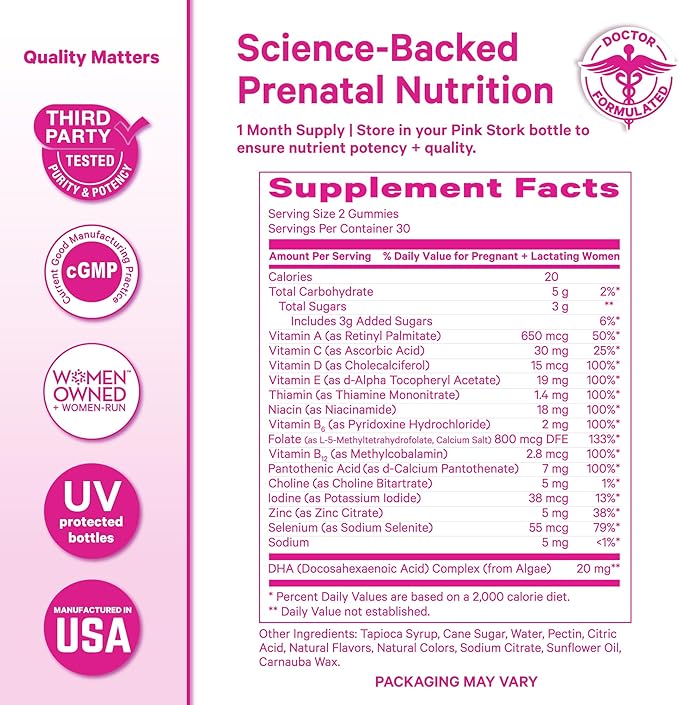 Pink Stork Premium Prenatal Gummy Vitamins with DHA Folate and Vitamin D - 60 Vegan Gummies - 2 Pack