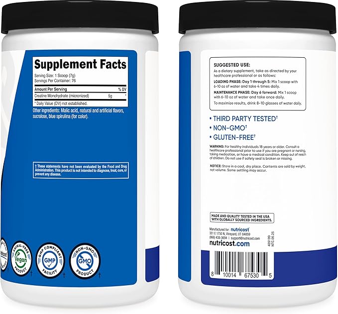 Nutricost Creatine Monohydrate Powder (Blue Raspberry) 500 Grams (1.1 LBS)