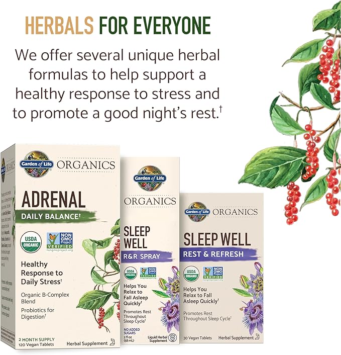 Garden of Life Organics Adrenal Daily Balance Adaptogenic Herbs Ashwagandha Holy Basil B Complex &amp Probiotics Organic Non-GMO Vegan Gluten Free Supplement Two Month Supply 120 Tablets