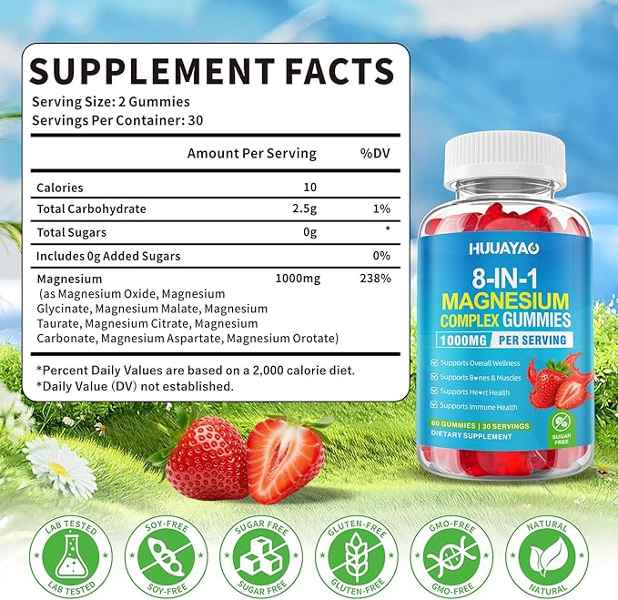 Magnesium Complex Gummies for Women Men 8 in 1 Magnesium Glycinate Citrate Malate Taurate Supports Bones Muscle Nerve Health Sugar-Free Vegan Non-GMO Strawberry Flavor 120 Count
