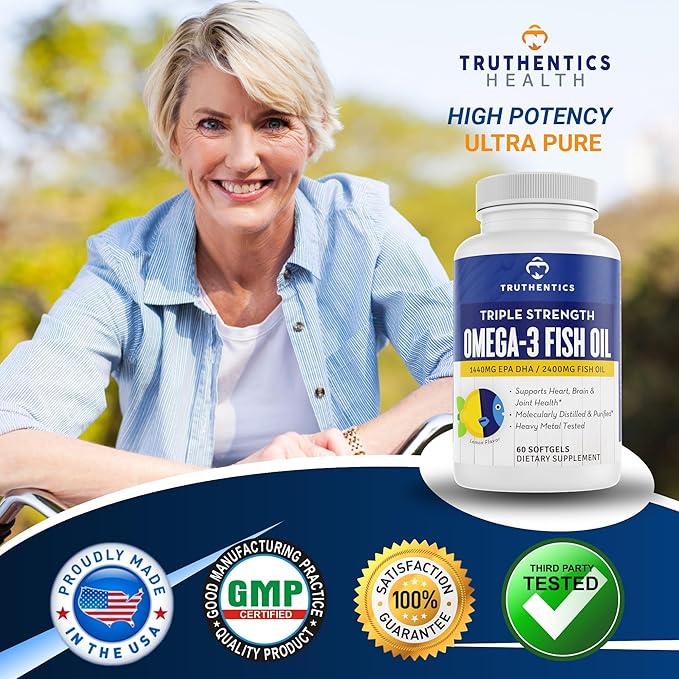 TRUTHENTICS Omega 3 Fish Oil - 2400 mg Triple Strength High EPA + DHA Omega-3 Fatty Acids for Men &amp Women - Burp-Free Lemon Flavor Fish Oil Supplement - 60 Softgels
