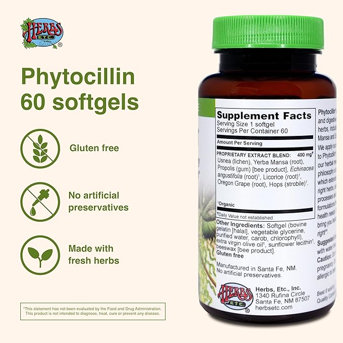 Herbs Etc. Phytocillin - Respiratory &amp Digestive Health Support Supplement - Herbal Formula to Support Digestion - Support Healthy Breathing - 60 Softgels (60 Servings)