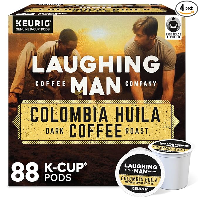 Laughing Man Colombia Huila Coffee Keurig Single Serve K-Cup Pods Dark Roast 88 Count (4 Packs of 22)