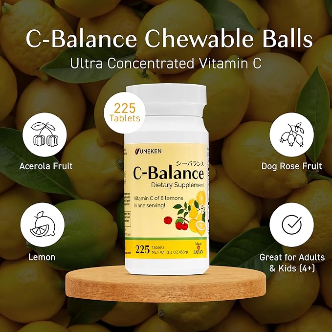 Umeken C-Balance Vitamin C Chewables Acerola &amp Lemon Extract High Potency Immune Support for Adults and Children 68g (45-Day Supply 1 Pack)