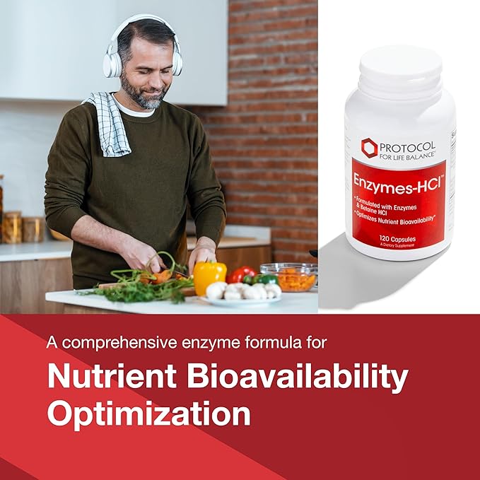 PROTOCOL FOR LIFE BALANCE Enzymes-HCl - Digestive Enzymes with Bromelain - Full Spectrum of Proteases - Digestion Supplement - Soy &amp Dairy Free - 120 Capsules