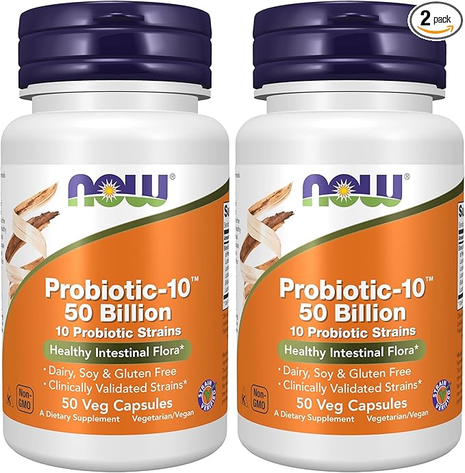 NOW Foods SupplementsProbiotic-10™50 Billionwith 10 Probiotic StrainsStrain Verified50 Veg Capsules(Pack of 2)