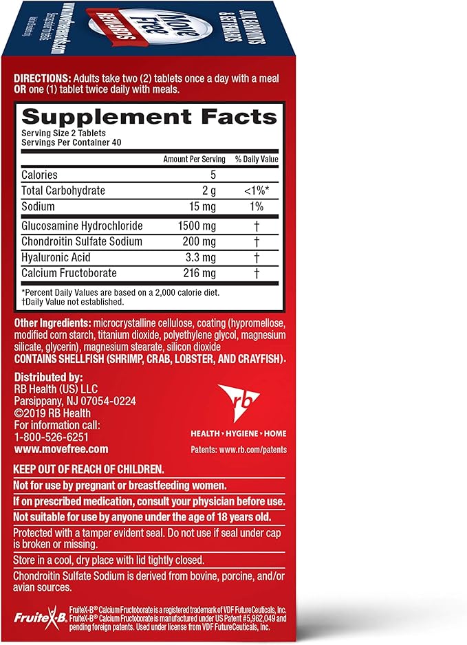Move Free Advanced Glucosamine Chondroitin + Calcium Fructoborate Joint Support Supplement Supports Mobility Comfort Strength Flexibility &amp Bone - 80 Tablets (40 servings)*