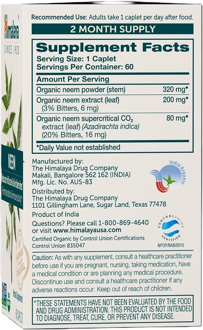 Himalaya Organic Neem Herbal Supplement for Mild Acne &amp Clear Skin Purifying Ayurvedic USDA Certified Organic Non-GMO Vegan 600 mg 60 Plant Based Caplets 2 Pack