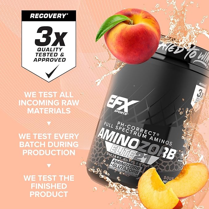 EFX Sports Aminozorb Elite 21 | PH-Correct Full Spectrum Aminos + Glutamine | Essential &amp Non Essential Aminos | Zero Sugars | 30 Servings (Sour Peach)