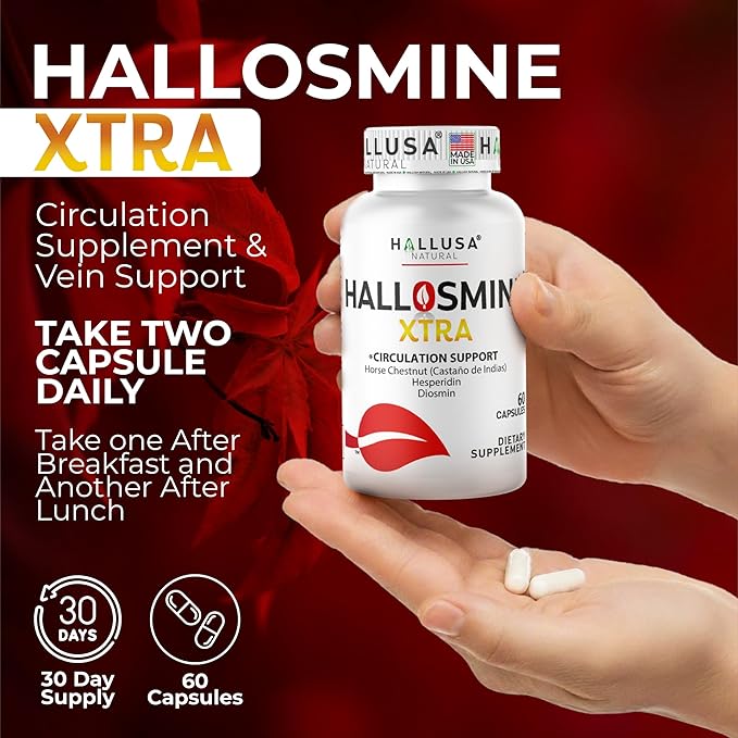 Hallosmine Xtra - Circulation &amp Vein Support Diosmin Horse Chesnut &amp Hesperidin 850mg + FREE Leg Cream | Leg Circulation Varicose Veins Spider Veins Hemorrhoids Blood Flow | 60 capsules