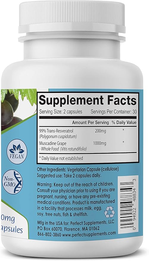 Perfect Supplements – Perfect ResGrape Resveratrol – 60 Capsules – Trans-Resveratrol &amp Organic Muscadine Grapes - 3 Pack