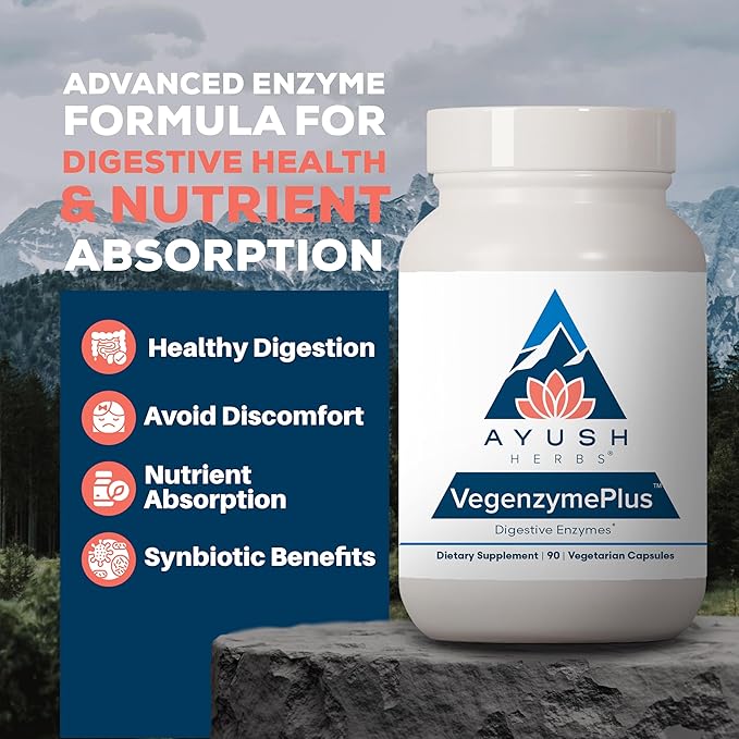 Ayush Herbs VegenzymePlus - Digestive Enzymes for Women &amp Men Enzymes for Digestion with Bromelain Lipase Lactase Protease 100% Vegetarian Gut Health Supplement - 60 Servings