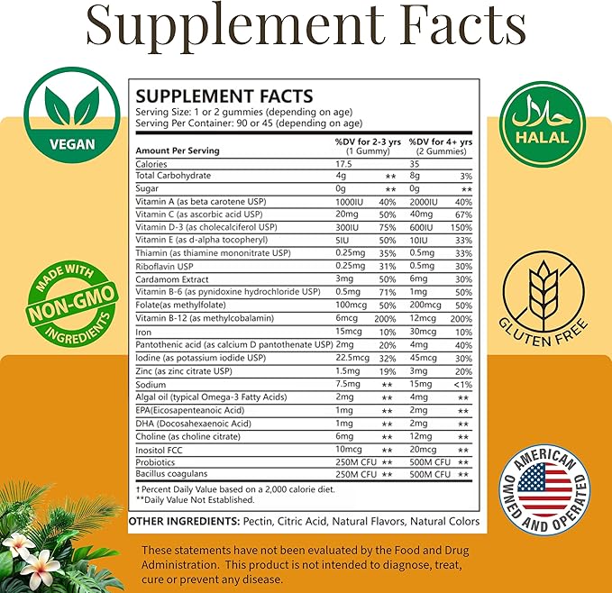 Kids Multivitamin Gummies with Iron &amp Probiotics - Vegan Gelatin-Free Halal Orange &amp Strawberry Flavors 90 Count