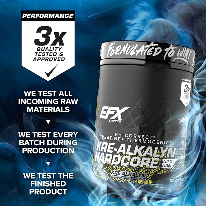 EFX Sports Kre-Alkalyn Hardcore | Thermogenic pH Correct Creatine Monohydrate Pill Supplement | Energy &amp Strength Pre Workout | 126 Servings 380 Capsules